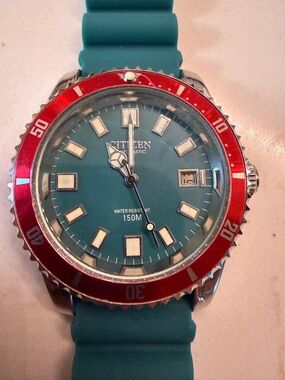 Vintage Automatic Citizen Men’s Teal Dial Dive Watch with Red Bezel